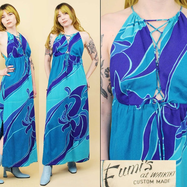 60s Vtg Fumi's Corset Tie Op Art Mod Hawaiian Floral Barkcloth Rayon Maxi Dress Sleeveless Blue Women's Sm B34-38" W28" H38" L52"