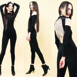 80er 90er Jahre Vtg Contempo Casuals Schwarz Stretch Samt Catsuit Overall Trikot Cut Out Schulter Langarm Offener Rücken Damen Xs Sm