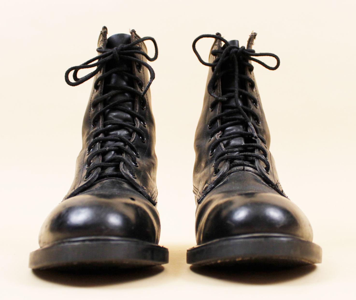 80s 1983 Dated Vtg Black Leather Combat Boots Lace up Ankle 