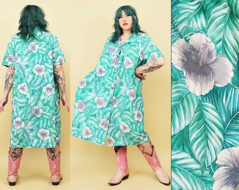 70s Vtg Lane Bryant 100% Cotton Floral Hibiscus Print Collared House Dress Kaftan Loungewear Women's Plus Size 3X 4X B50" W58" H60" L42"