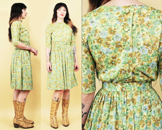 50s 60s Vtg Green Yellow Floral 3/4 Sleeve Day Dr… - image 1