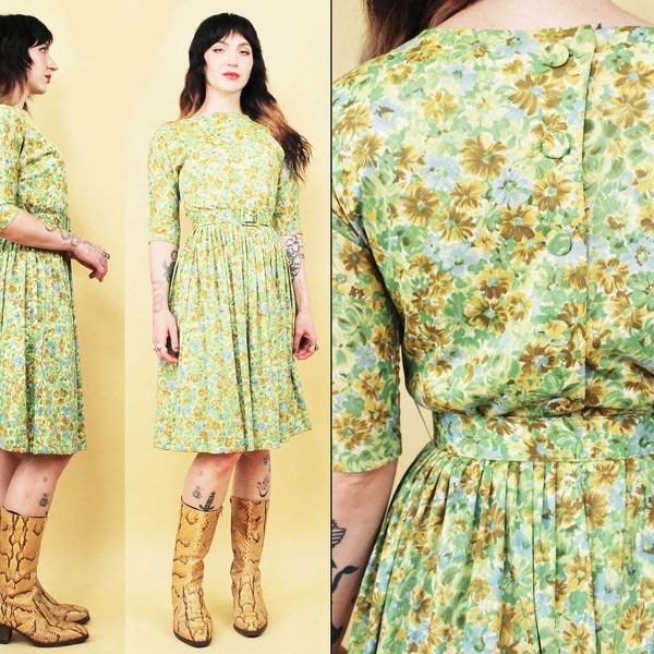 50s 60s Vtg Green Yellow Floral 3/4 Sleeve Day Dress with Button Up Back Detail Women's Sm B34-36" W26" H48" L38"