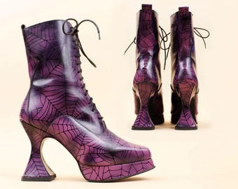 80s 90s Vtg Coffin Heel Spider Web Leather Platform Boots Lace Up Goth London Underground Fluevog Style Women's US 9 EU 40