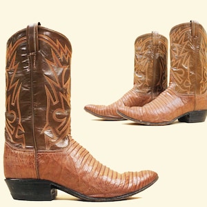 60s 70s Vtg Brown Lizard & Leather Embroidered Cowboy Boot Pull On Midcalf Western Tony Lama Women's US 10 EU 42