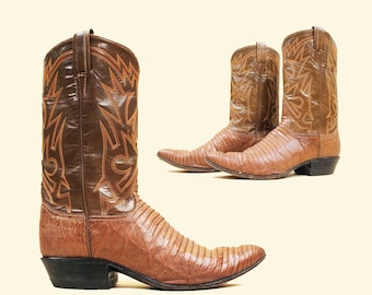 60s 70s Vtg Brown Lizard & Leather Embroidered Cowboy Boot Pull On Midcalf Western Tony Lama Women's US 10 EU 42