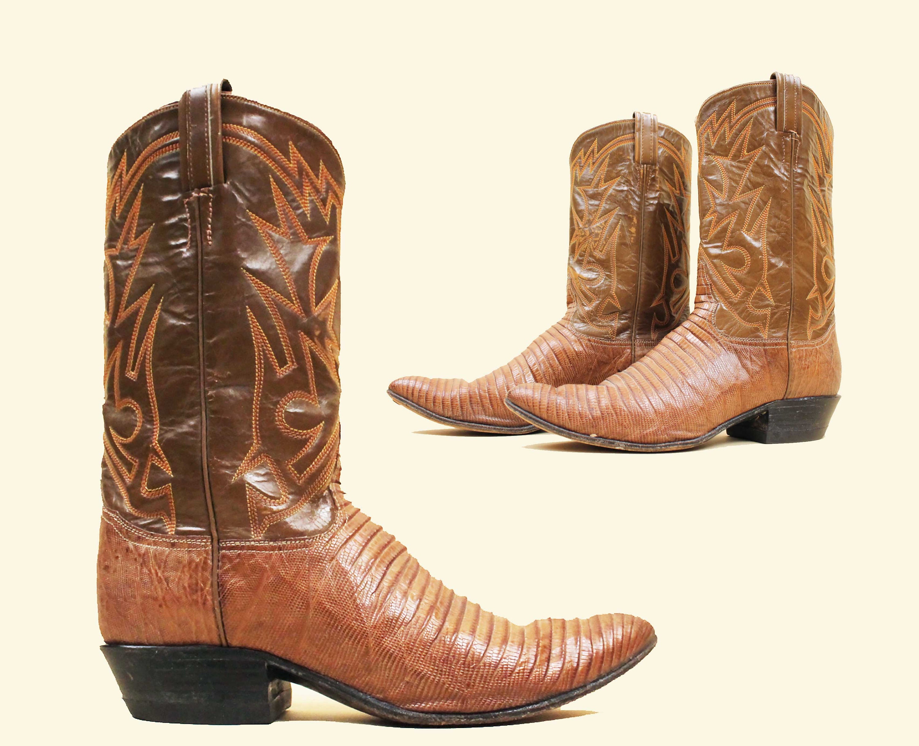 Bottes De Cowboy Vintage En Cuir Marron – Motif Lézard – Taille US 10 D – Tony Lama 8161 – Occasion