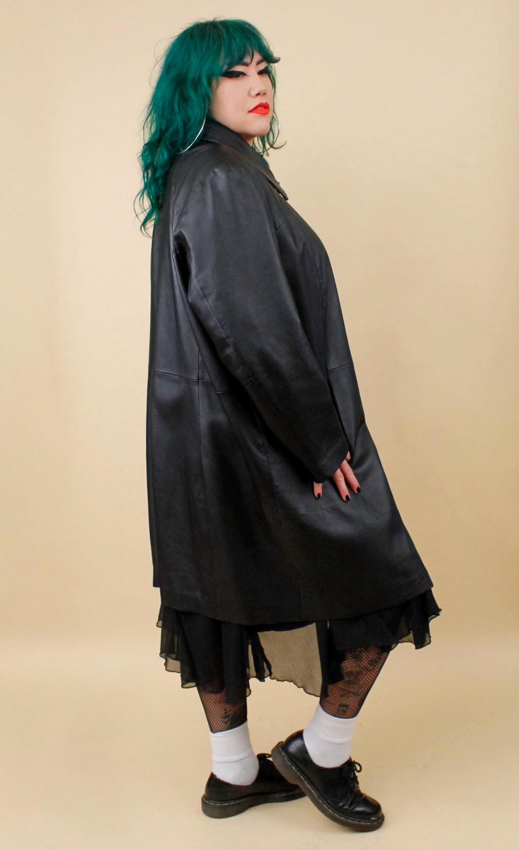 90s Y2K Vtg Black Genuine Leather Collared Coat Plus Size Women's