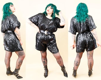 80er VTG Schwarz Seide Pailletten Bluse & Shorts passende Set NICHT Strampler Trennt Plus Größe XL-2X B50"W40-46"H54"