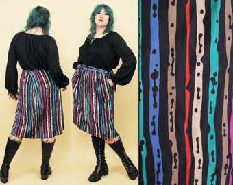 80s Vtg Striped 100% Silk Skirt Mid Calf Length Women's Plus Size tag 14 W38" H50" L25"