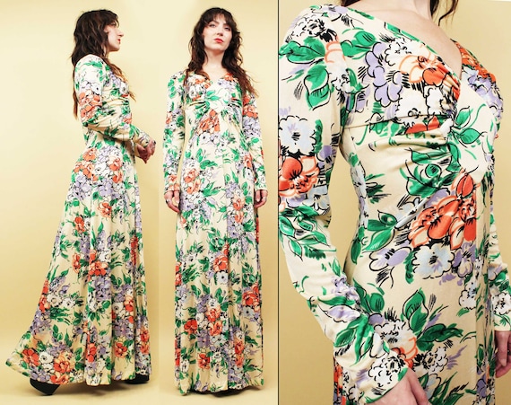 60s 70s Vtg Floral Pattern Floor Length Maxi Dres… - image 1