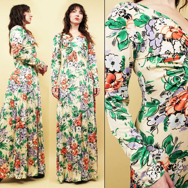 60s 70s Vtg Floral Pattern Floor Length Maxi Dress Long Sleeve Polyester Knit Women's Xs Sm *AS-IS* Stains on Skirt