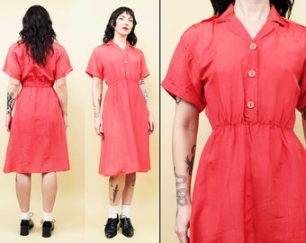 70s Vtg Coral Pink Shirtdress Collared Button Up Fit and Flare Knee Length Mod Minimal Women's Xs Sm