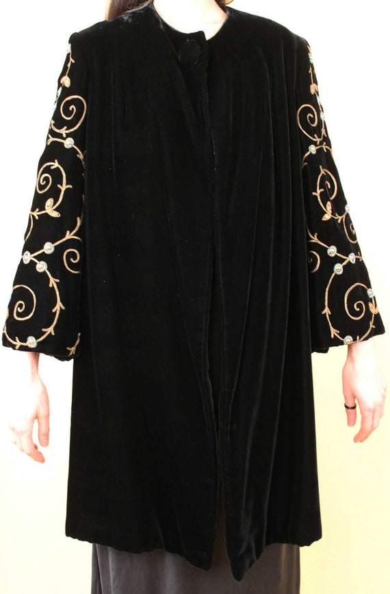 30s 40s Vtg Black Silk Velvet Jacket Bell Sleeve … - image 9