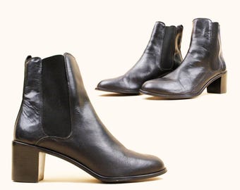 90s Vtg Black Chunky Platform Heel Chelsea Ankle Boot Slip On Nine West Women's US 10 EU 42