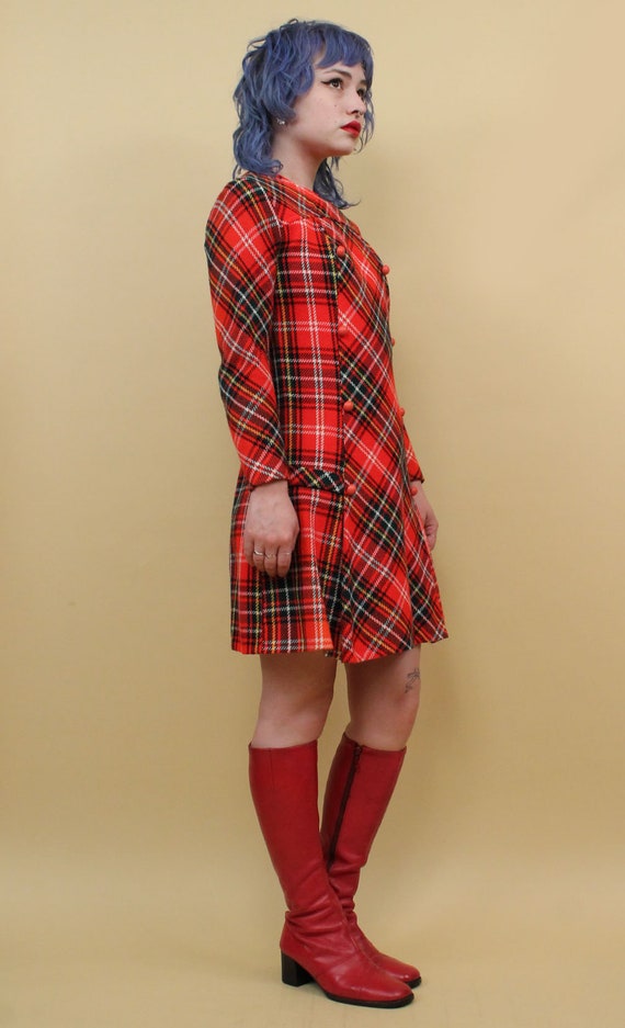 60s Vtg Plaid Red Tartan Wool Mini Dress Long Sle… - image 7