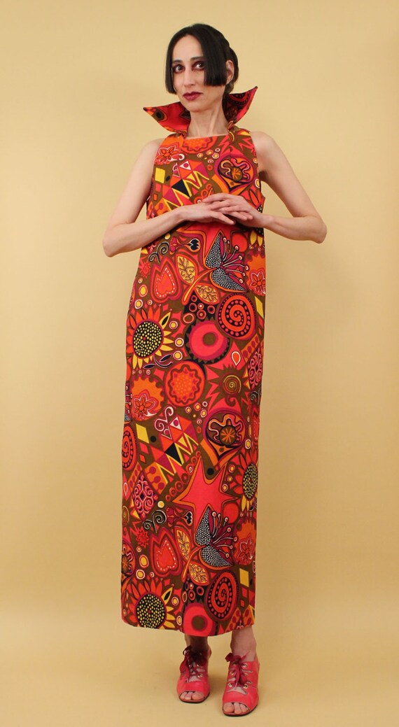 60s Vtg Giant Pointy Collar Psychedelic Maxi Dres… - image 4