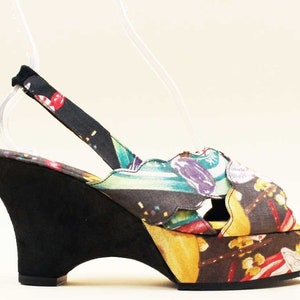 70s Vtg Black Suede & Canvas FOOD Theme Platform Sculptural Slingback Sandal Heels Shoe Collector Popcorn Pizza Cola Women&#39;s US 9 EU 40
