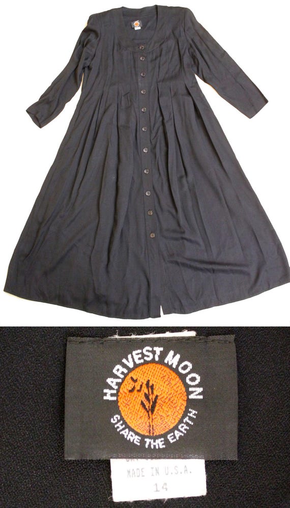 80s 90s Vtg Black Long Sleeve Rayon Dress Pleat Detail