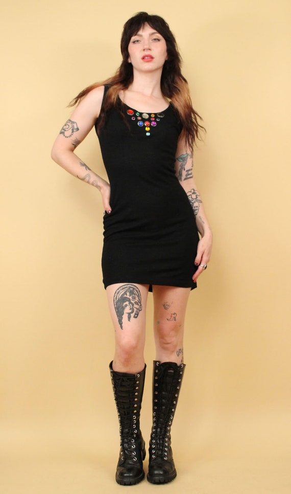 80s Vtg Black WOOL Rhinestone Studded Mini Dress … - image 2