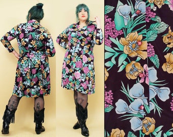 70s Vtg Floral Print Long Sleeve Collared Knee Length Dress Women's Plus Size tag 18 1/2 fits like a 14 1X B40" W36" H42"