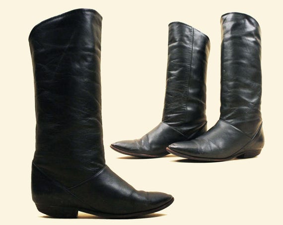 80s Vtg Black Leather Mid Calf Pull on Boot Punk New Wave Women's