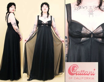 60s 70s Vtg Black Floor Length Peignoir Lingerie Gown Cattani of California Double Layer Sheer Loungewear Vampire Goth Women's tag 36 Sm Med
