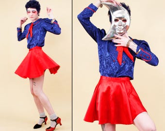 40s 50s Vtg Red Satin Circle Skirt Majorette Costume Micro Mini Women's Xs W24" H46" L15" *As-Is*