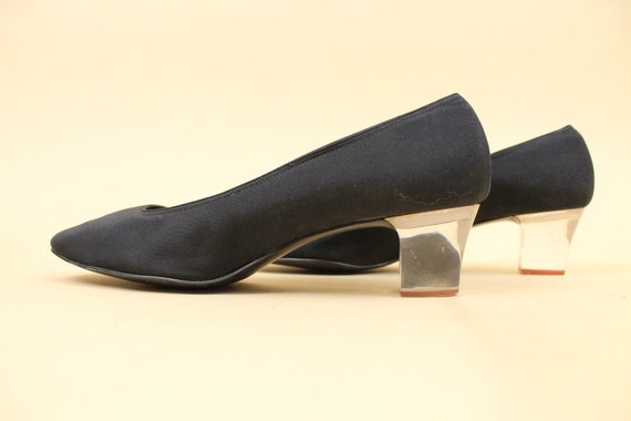 60s Vtg Black Textile & Leather Upper Clear Lucite High Heel Pumps Slip On Mod Women's US 8 EU 38.5 View 6