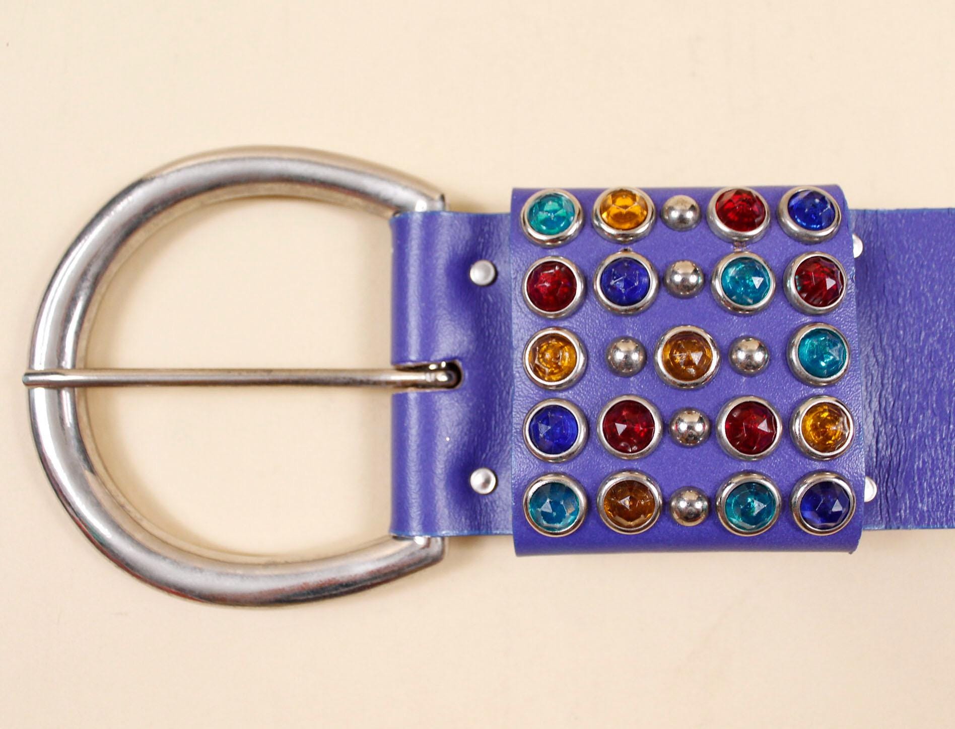 VTG Leather Studded Bedazzled Belt Women\'s Large Vintage Light Blue & Silver 80s Vtg Blue Periwinkle Wide Leather Belt Silver Big  main image 3