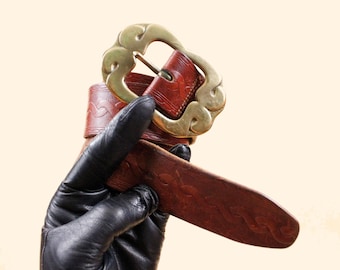 60s 70s Vtg Brass Buckle & Brown Tooled Leather Belt Unisex Rocker Hippie Mod W30-34" Medium