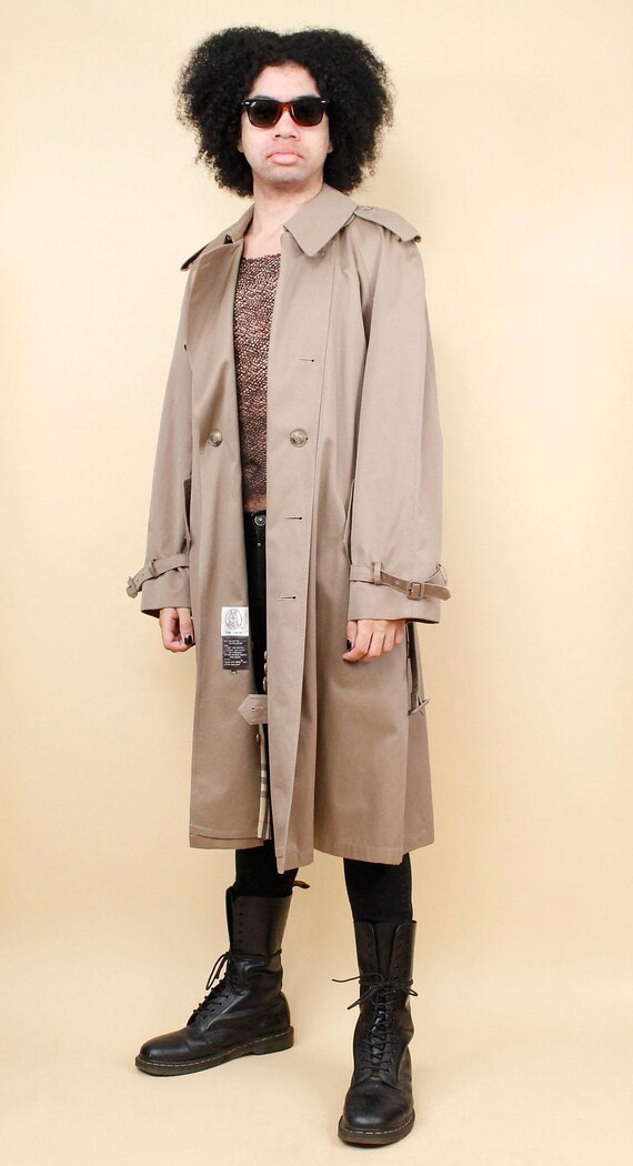 80s Vtg Beige Classic Cotton Plaid Lined Trench Coat Belted Jacket