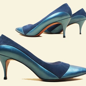 50s 60s Vtg Blue Pearl Leather & Suede Sleek High Heel Pointy Toe Mod Pin Up Barefoot Originals Women's US 6.5 EU 37