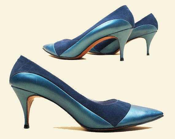 50s 60s Vtg Blue Pearl Leather & Suede Sleek High… - image 1