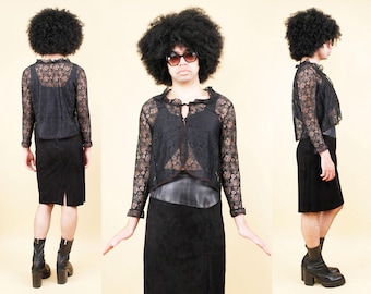 50s 60s Vtg Black Lace Cardigan Bed Coat Jacket Layering Top Blouse Sheer Goth Lolita tag 36 Women's S-M B38" W44" L20"