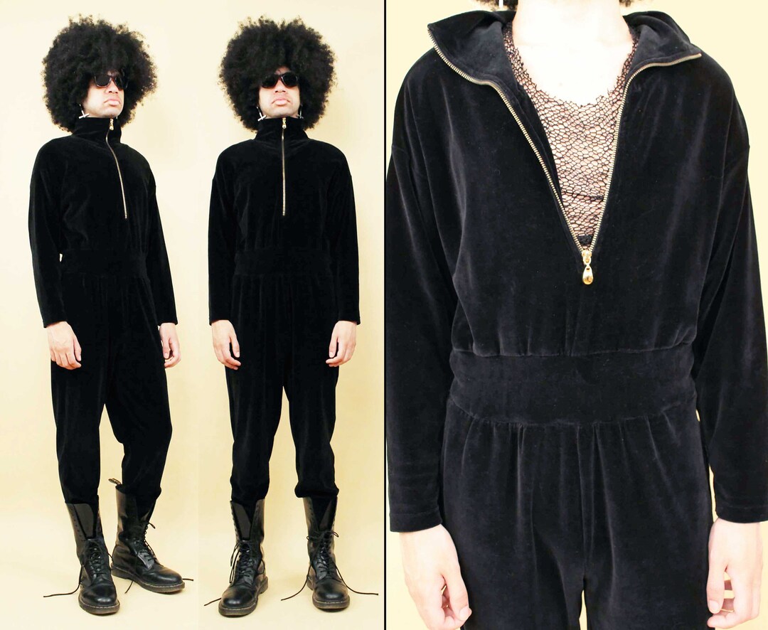 90’s Black Stretch Velvet Chain Belt Jumpsuit by Panache