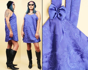 80s Vtg Blue Satin Polyester Slip Mini Dress Lingerie Sleeveless Bow Detail on straps Women's Plus Size 2X