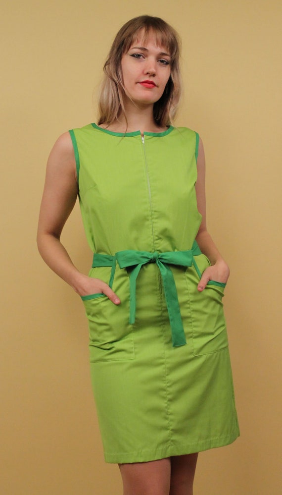 60s Vtg Green 2 Tone Mini Dress Shift Sheath Zip … - image 2