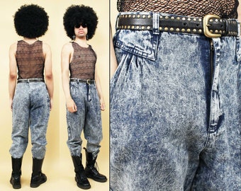 80s Vtg Acid Wash Denim Blue Jean Pants High Waisted Baggy Tapered Women's tag 14 fits like a Medium Waist 28-29" H42" Inseam 30" Rise 13"