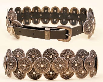 80s Vtg Metal Medallion German Leather Punk Belt Siouxie Sioux Style Goth Punk fits Waist 25" 26" 27" 28" 29"