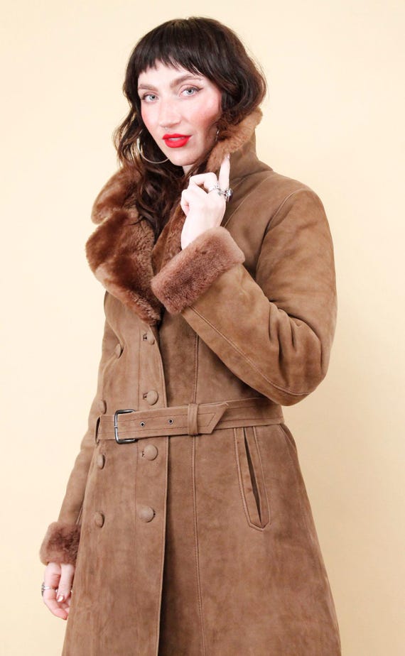 60s 70s Vtg Shearling Lined Brown Nubuck Suede Leather Trench Spy