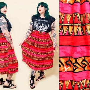 80s 90s Vtg Pink Orange Geometric Funky Pattern Skirt Mid Calf Length High Waist Plus Size Volup Women&#39;s tag XL-1X W34-40&quot; H48&quot; L32&quot;