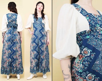 Robe longue à manches bouffantes en coton blanc des années 60 et 70 à chevrons bleus motif floral à volants ourlet Prarie Gunne Sax Candi Jones Style tag 9 XS