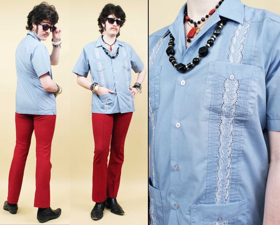 70s Vtg Blue Cabbana Button Up Embroidered Shirt … - image 1