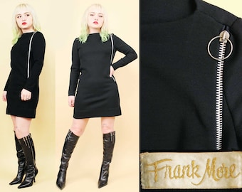 Mini vestido de punto de lana negra Vtg de los años 60 con detalle de tirador ZIPPER gigante Mod Punk manga larga Frank More Mujer Xs B32" W30" H34" L32"
