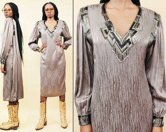 70s 80s Vtg Taupe Genuine Silk Beaded Art Deco Midi Length Dress Formal Party Evening Poet Sleeve Glam Women's tag 12 Small Medium