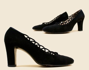 40s 50s Vtg negro ante cuero plataforma de tacones altos bombas hechas en Grecia Loop Edge Pin Up High Heel Sexy Kitten Vamp US 7 EU 37.5