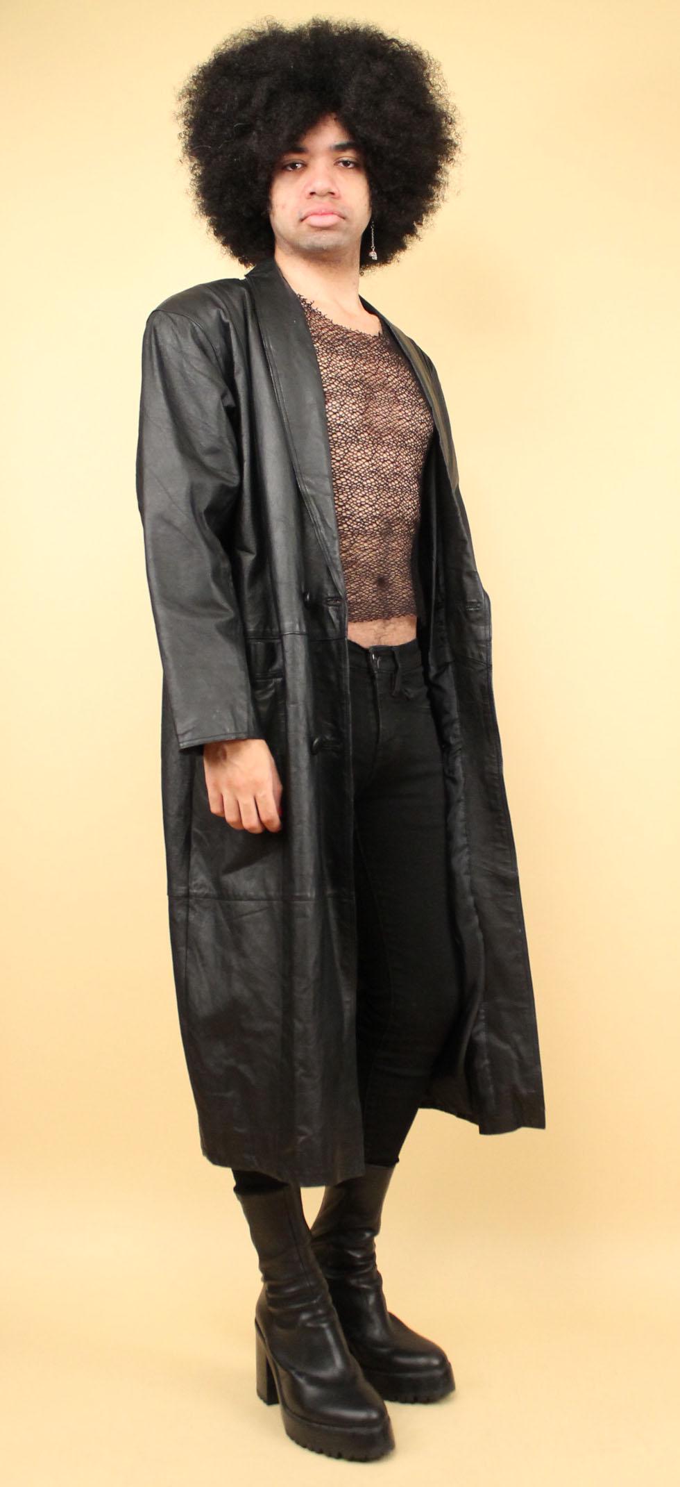 80s Vtg Black Leather Long Jacket Trench Coat Duster Length Goth