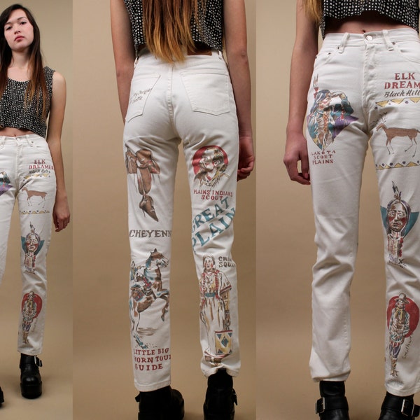 80s early 90s Vtg rare RALPH LAUREN White Painted DENiM Jeans / HiGh WAiSt Skinny Fit Tapered / Novelty Indian Cowboy Xxs - Xs