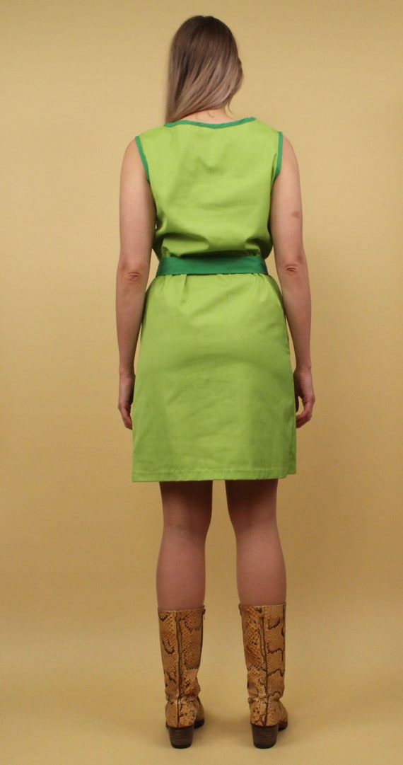 60s Vtg Green 2 Tone Mini Dress Shift Sheath Zip … - image 6
