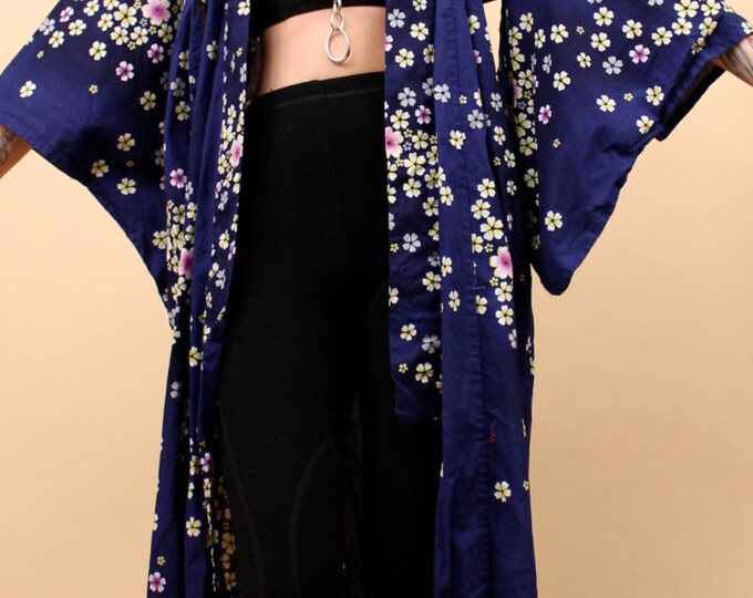 70s Vtg COTTON Kimono Duster Jacket / Floor Length FLORAL Navy Blue